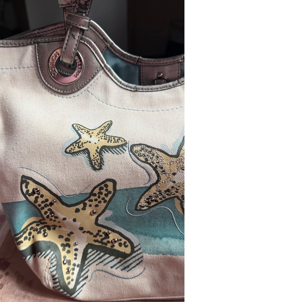 Coach Starfish Beach Canvas Tote Bag Silver Metallic Leather Trim F19212 - Picture 7 of 13
